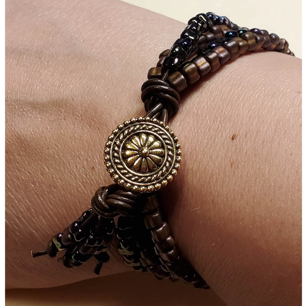 Gypsy Wildflower Bracelet with Cinnamon Spice Beads and Greek Leather - Picture 2 of 4